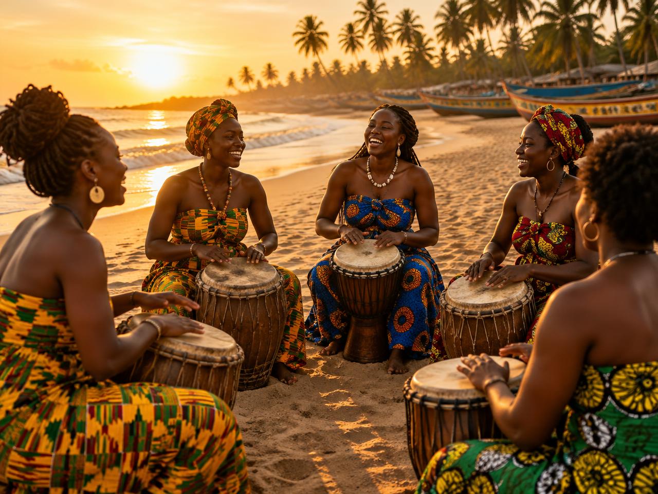 Drumming circle on the sand at golden hour