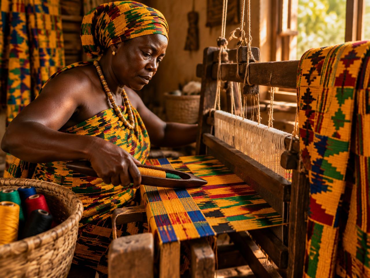 A weaver at a traditional kente loom